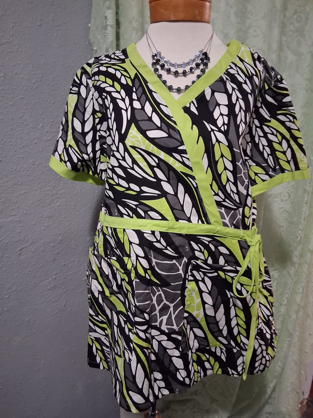 koi Black White and Lime Green Printed Scrub Top